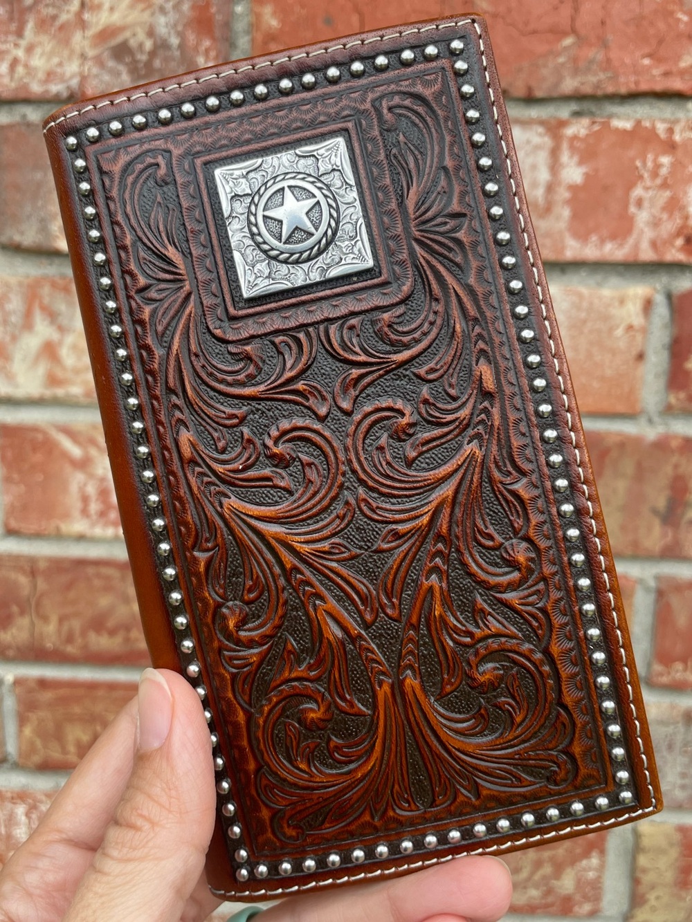 Nocona Mens Western Square Star Rodeo Wallet Brown Tooled Leather Cowboy Bifold